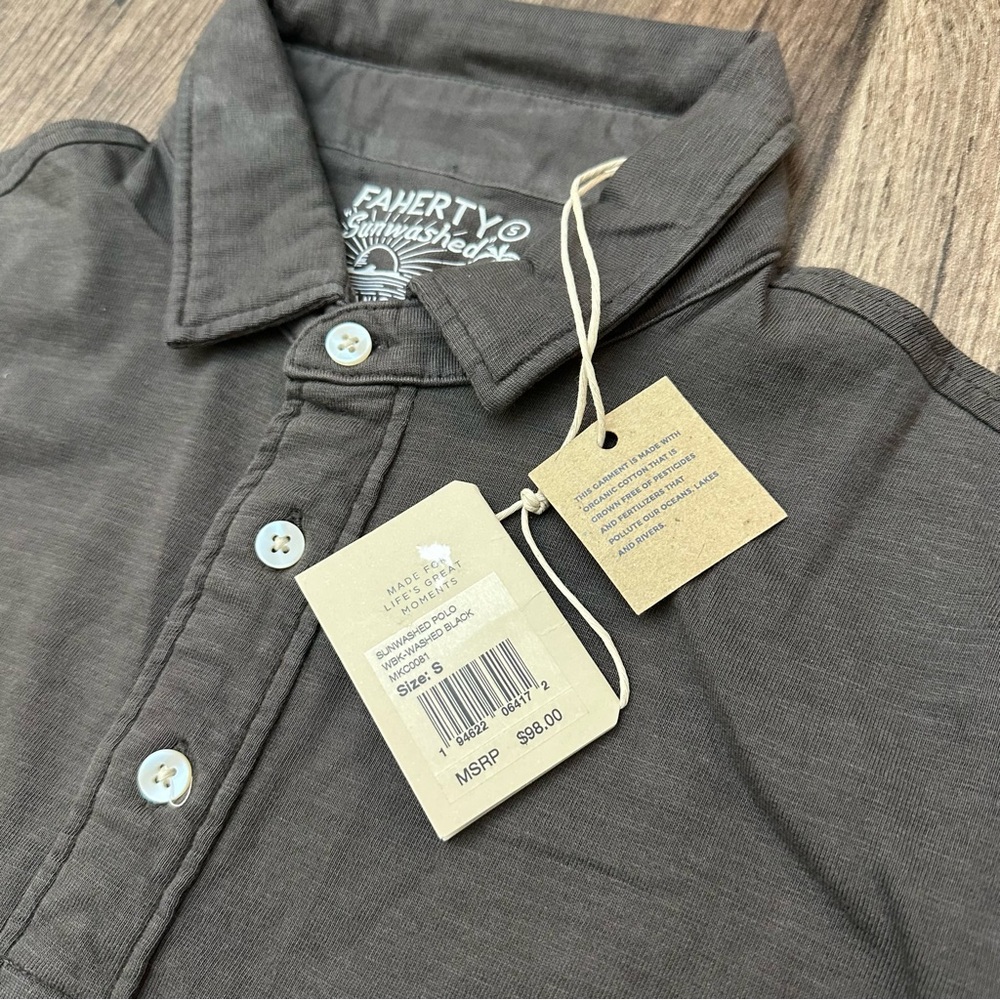 Faherty Sunwashed Organic Cotton Polo Shirt Men’s Size S Washed Black- Brownish